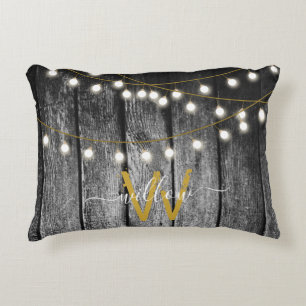 Rustic Barn Black Wood Gold String Lights Monogram Decorative Cushion