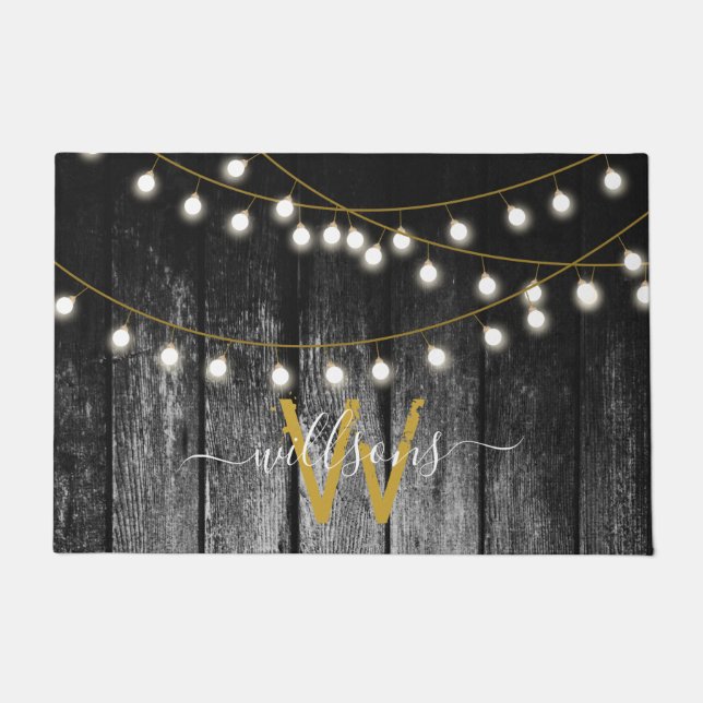 Rustic Barn Black Wood Gold String Lights Monogram Doormat (Front)