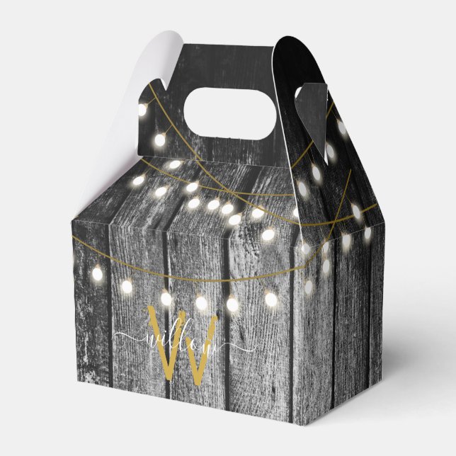 Rustic Barn Black Wood Gold String Lights Monogram Favour Box (Front Side)