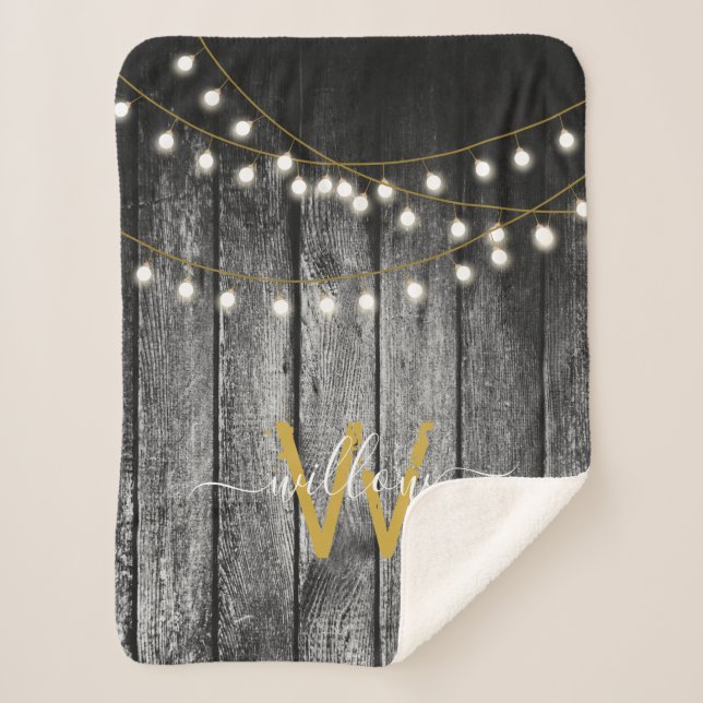 Rustic Barn Black Wood Gold String Lights Monogram Sherpa Blanket (Front)