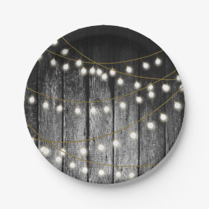 Rustic Barn Black Wood Gold String Lights Paper Plate