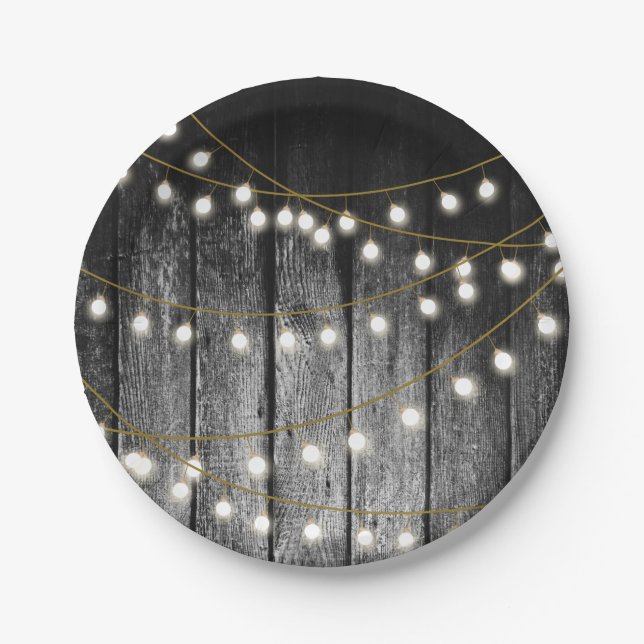 Rustic Barn Black Wood Gold String Lights Paper Plate (Front)