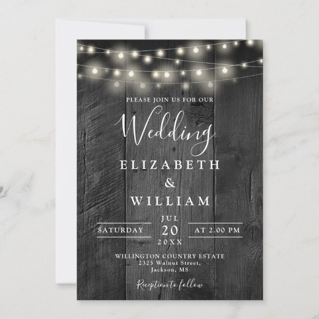 Rustic Barn Black Wood String Lights Wedding Invitation (Front)