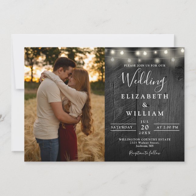 Rustic Barn Black Wood String Lights Wedding Photo Invitation (Front)