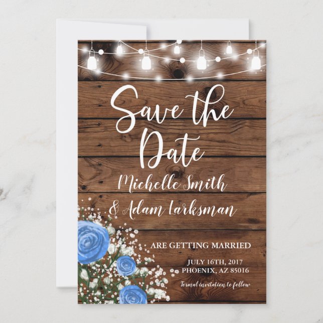Rustic Barn Blue Rose Baby's Breath Save the Date Invitation (Front)