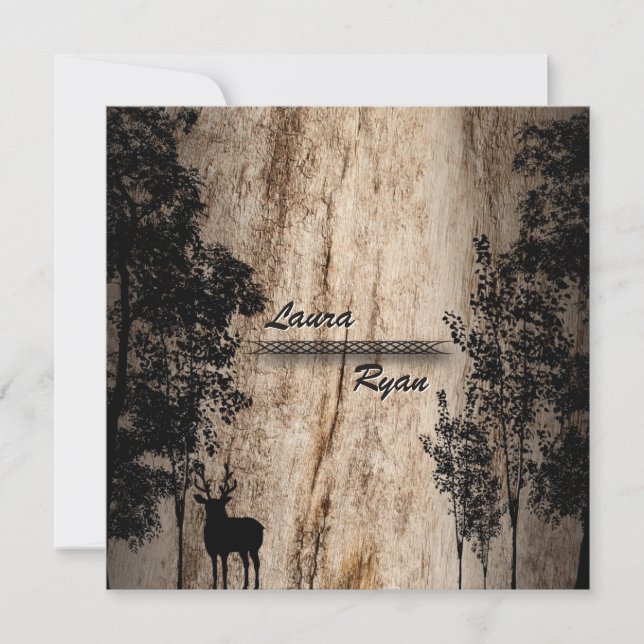 Rustic Barn Board Deer & Tree Wedding Invitation (Front)