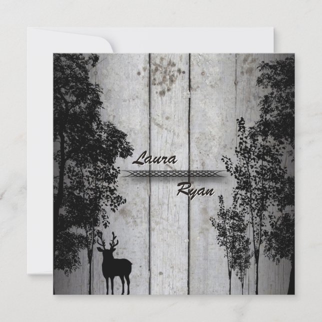Rustic Barn Board Deer & Tree Wedding Invitation (Front)