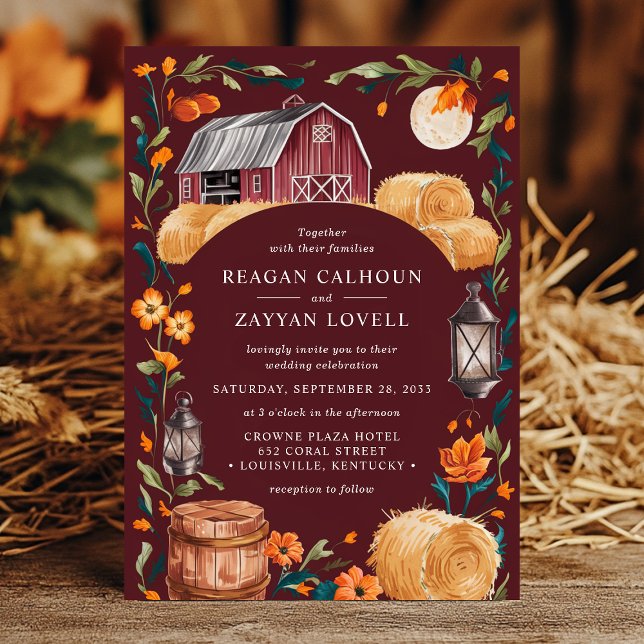 Rustic Barn Burgundy Autumn Lantern Floral Wedding Invitation (Creator Uploaded)