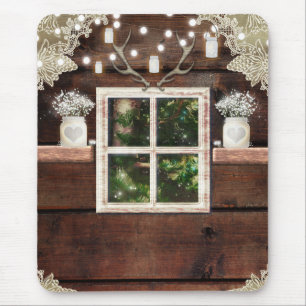 Rustic Barn Cabin Window Looking Out to Pine Tree Mouse Pad