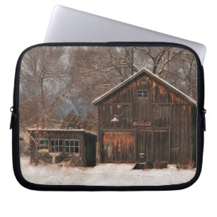 Rustic Barn & Cottage Vintage Snow Scene Laptop Sleeve