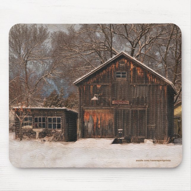 Rustic Barn & Cottage Vintage Snow Scene Mouse Pad (Front)