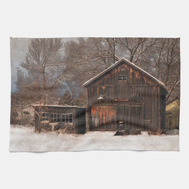 Rustic Barn & Cottage Vintage Snow Scene Tea Towel (Horizontal)