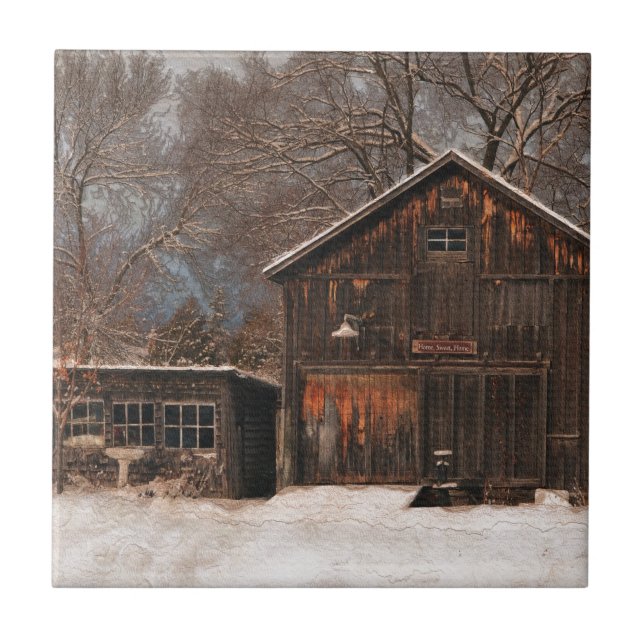 Rustic Barn & Cottage Vintage Snow Scene Tile (Front)