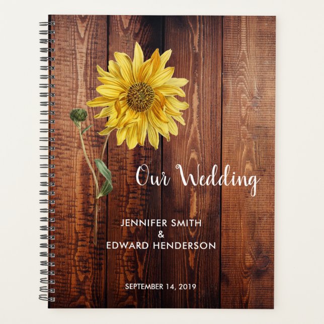 Rustic barn dark wood sunflower wedding planner (Front)