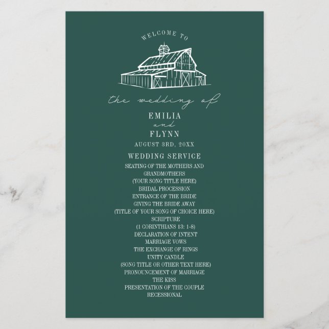 Rustic Barn Emerald Farm Wedding Program (Front)