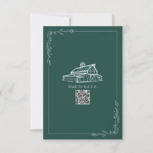 Rustic Barn Emerald Green QR Code Wedding RSVP Card