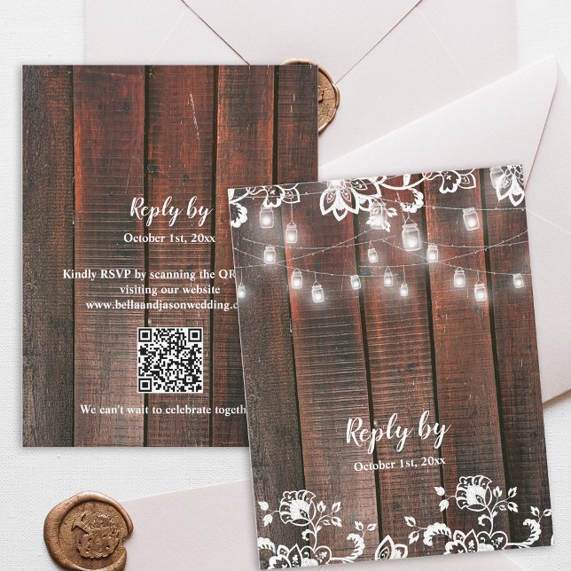 Rustic Barn Lace Wood QR Code String Light Wedding RSVP Card (Rustic Wood String Lights Wedding RSVP Card | Barn Lace Wood QR Code RSVP)