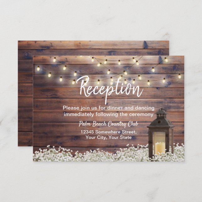 Rustic Barn Lantern String Light Wedding Reception Invitation (Front/Back)