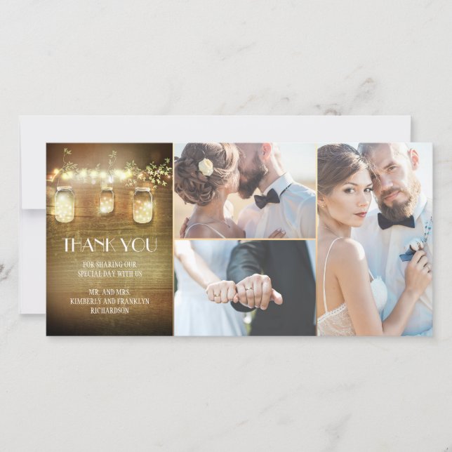 Rustic Barn Lights Mason Jar Wedding Thank You Card (Front)