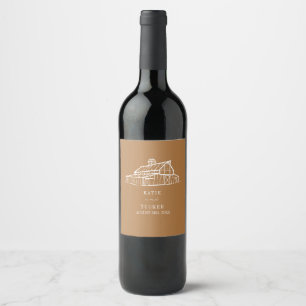 Rustic Barn Line Art Goldenrod Wedding Wine Label