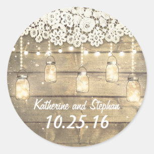Rustic Barn Mason Jar Lights and Lace Wedding Classic Round Sticker