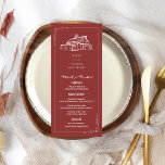 Rustic Barn Muted Red Fall Wedding  Menu<br><div class="desc">Wedding welcome with rustic barn illustration over muted red background.</div>