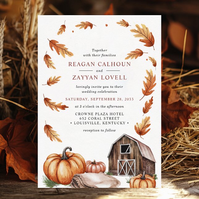 Rustic Barn Pumpkins Autumn Leaves Farm Wedding Invitation (Creator Uploaded)