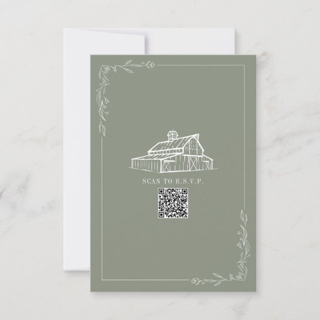 Rustic Barn Sage Green QR Code Wedding RSVP Card (Front)