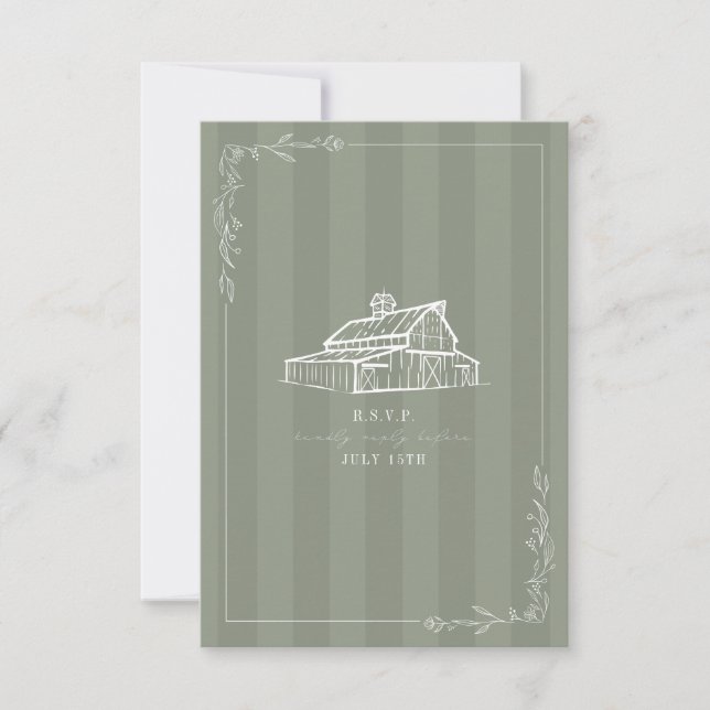 Rustic Barn Sage Green Stripe Wedding RSVP Card (Front)