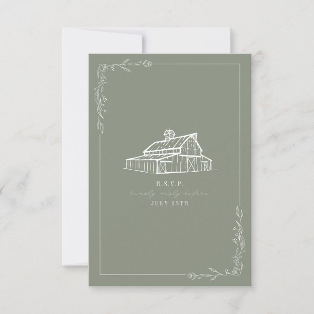 Rustic Barn Sage Green Wedding RSVP Card (Front)