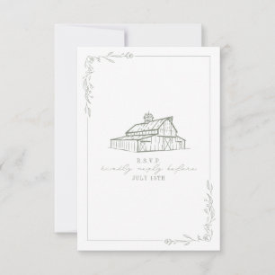 Rustic Barn Sage Green White Wedding RSVP Card