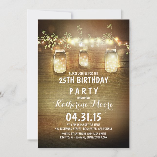 Rustic Barn String Light Mason Jars Birthday Party Invitation (Front)