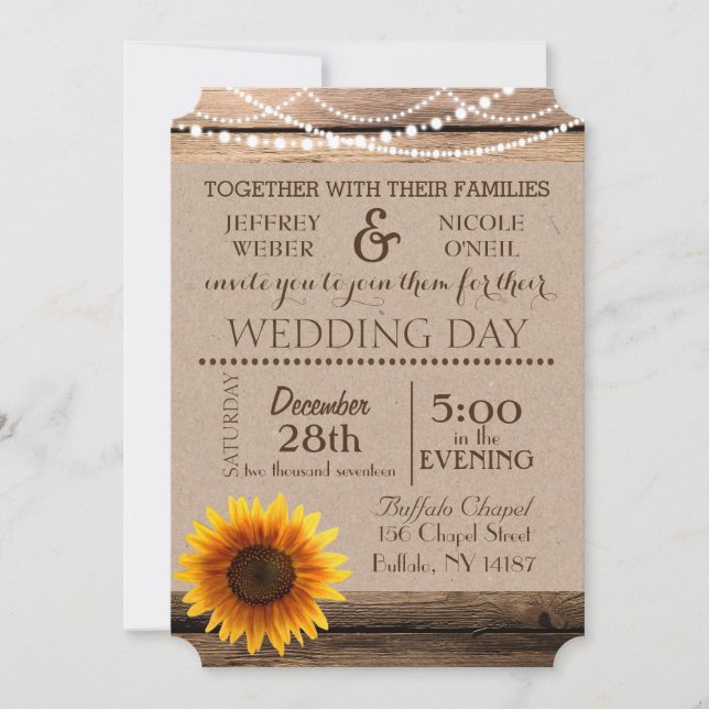 Rustic Barn Sunflower Wood Wedding Invitation (Front)