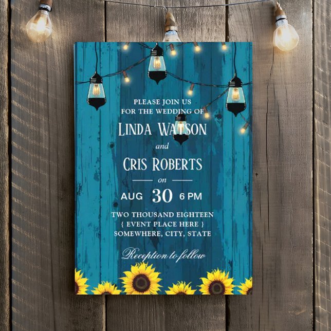 Rustic Barn Sunflowers String Lights Wedding Invitation (Creator Uploaded)