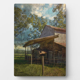 Rustic Barn Surrounded by fields under a Blue Sky. Plaque