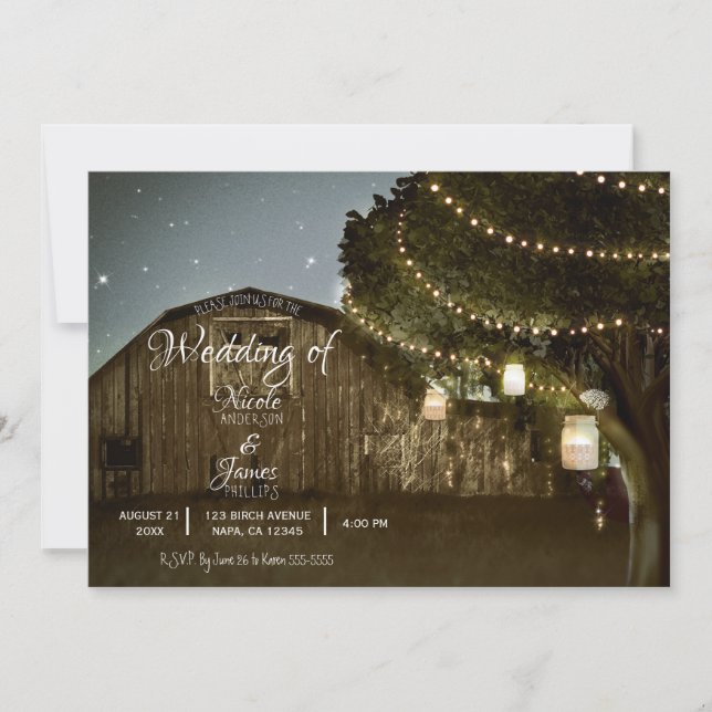 Rustic Barn & Tree Lights Country Jars Wedding  Invitation (Front)