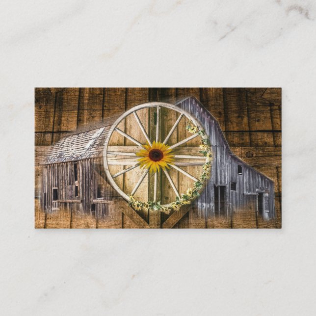 Rustic Barn Wagon Wheel Sunflower Business Card (Front)