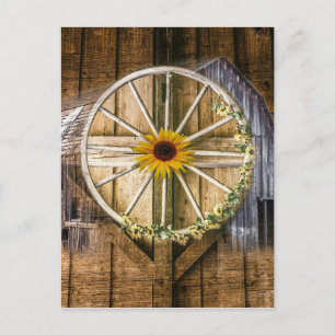 Rustic Barn Wagon Wheel Sunflower Holiday Postcard
