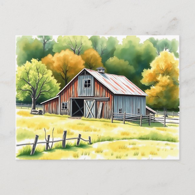 Rustic Barn Watercolor Surrounded by Fields  Postcard (Front)