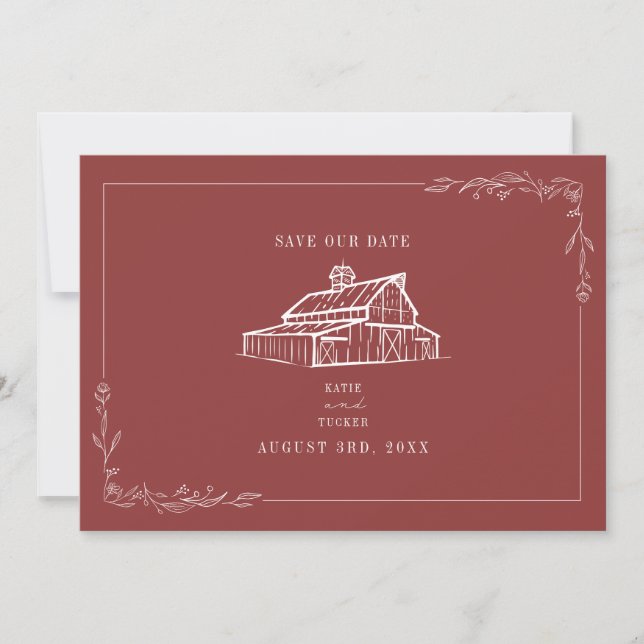 Rustic Barn Wedding Muted Red Save The Date (Front)