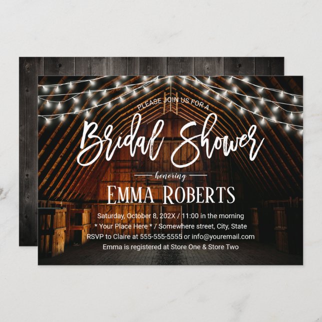 Rustic Barn Wedding String Lights Bridal Shower Invitation (Front/Back)