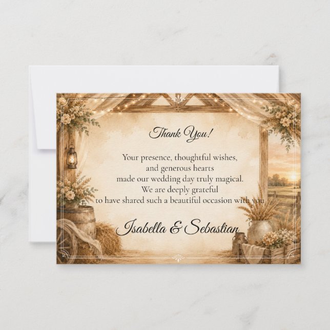 Rustic Barn Wedding Thank You Card (Front)