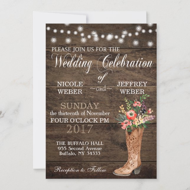 Rustic Barn Wedding Wood Cowboy Boots Invitation (Front)