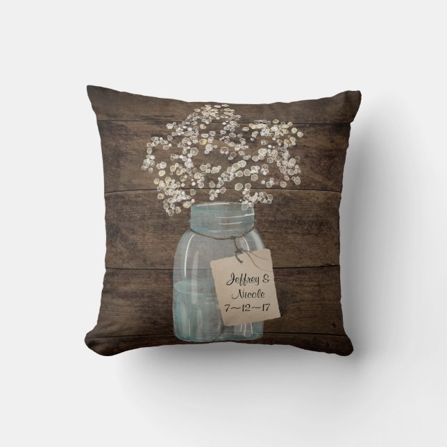 Rustic Barn Wedding Wood Mason Jar Babys Breath Cushion (Front)
