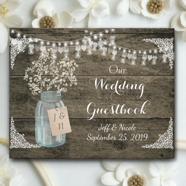 Rustic Barn Wedding Wood Mason Jar Babys Breath Guest Book (Creator Uploaded)