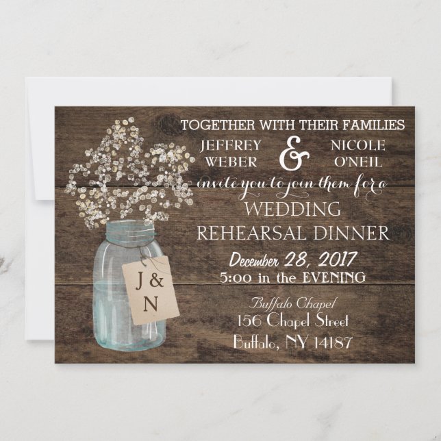 Rustic Barn Wedding Wood Mason Jar Babys Breath Invitation (Front)
