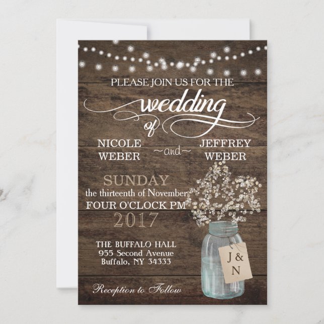 Rustic Barn Wedding Wood Mason Jar Babys Breath Invitation (Front)