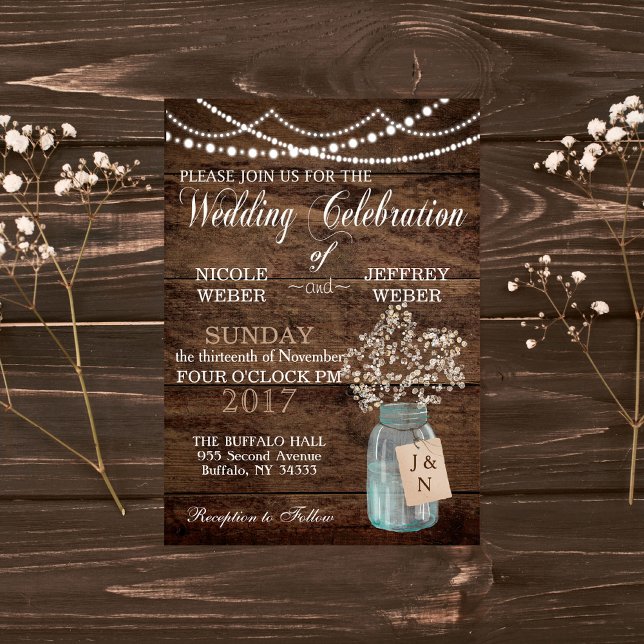 Rustic Barn Wedding Wood Mason Jar Babys Breath Invitation (Creator Uploaded)