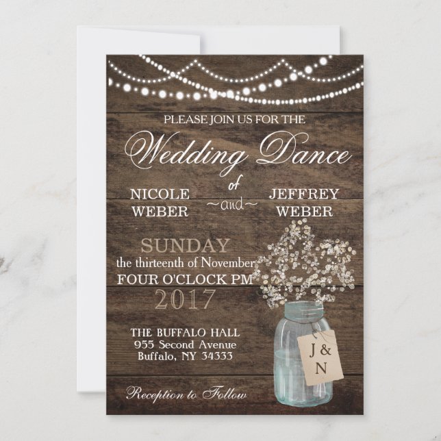 Rustic Barn Wedding Wood Mason Jar Babys Breath Invitation (Front)
