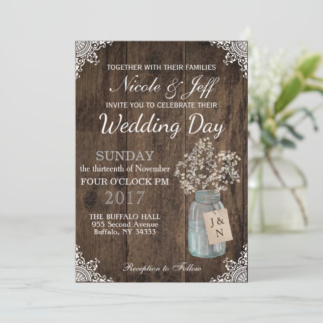 Rustic Barn Wedding Wood Mason Jar Babys Breath Invitation (Standing Front)